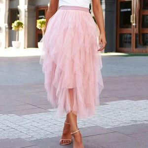 Dusty Pink Elegant Women's Layered Hem Mesh Overlay Skirt
